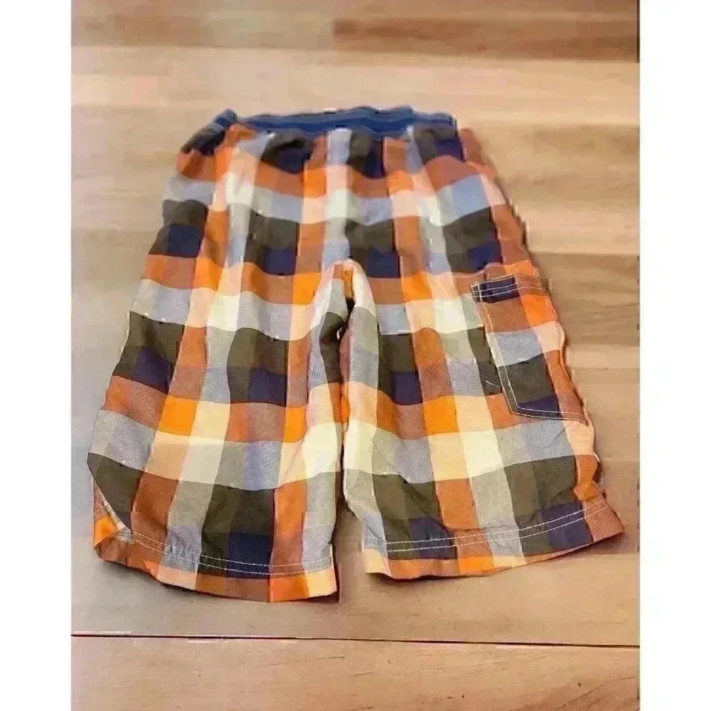 Mini Boden Boys Swim Trunks Plaid Cargo Orange Lined Board Shorts